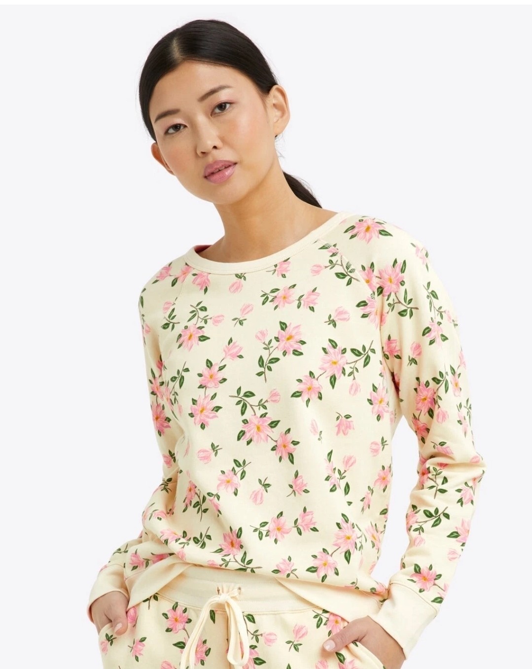 Draper James Womens Sweatshirt L Beige Natalie Magnolia Floral Long Sleeve Boxy