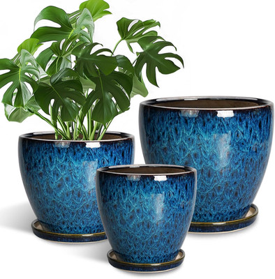 Blue Ceramic Plant Pots Set of 3 with Drainage for Indoor/Outdoor Use