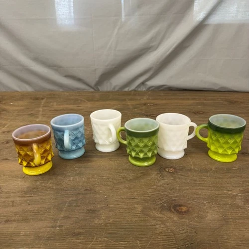 Anchor Hocking Fire King 6pc Mugs Diamond Quilt Mini Vintage Milk Glass Assorted