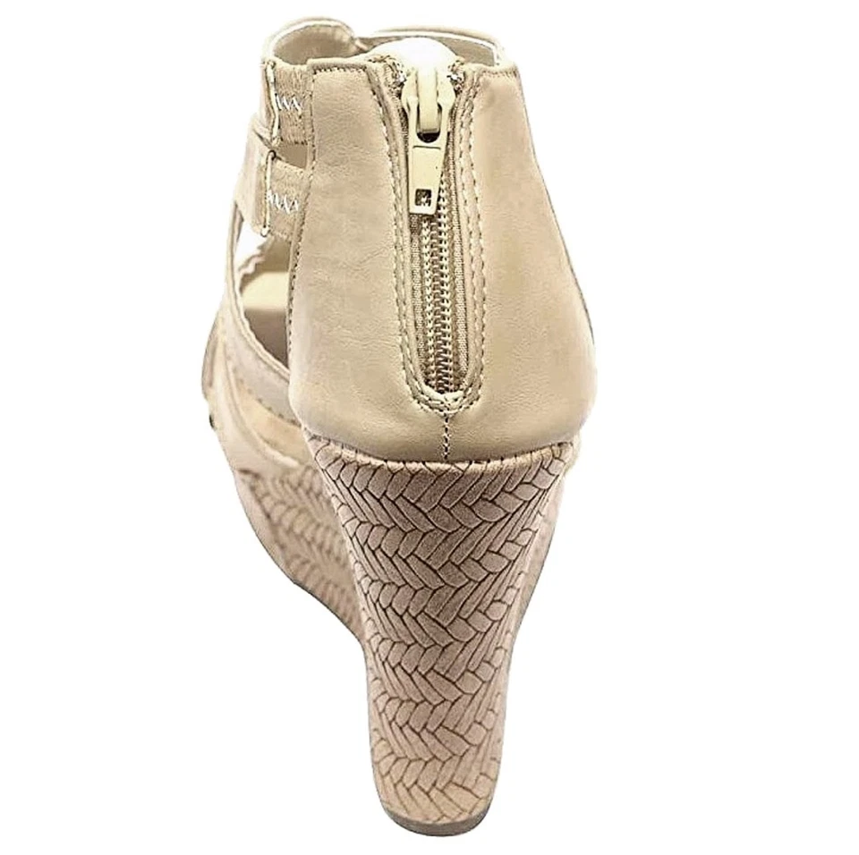 Top Moda Gladiator Platform Wedge Sandals Beige & Tan Cutout Strappy Open Toe - Image 4 of 4