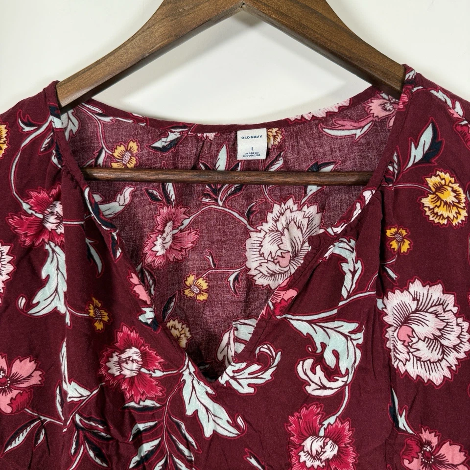 Pullover campesino vintage azul marino manga larga floral borgoña cuello en V grande Foto 4 de 4