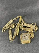 Antique Beautiful Ornate GF Watch Chain With Square Locket Fob Picture Inside