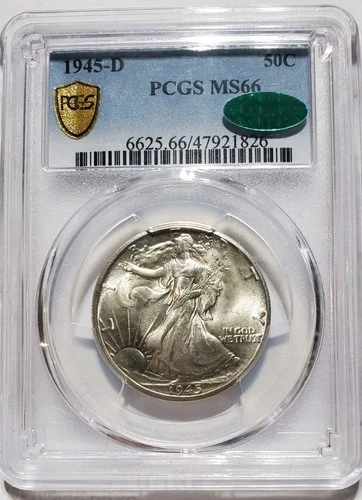 BEAUTIFUL 1945D Walking Liberty Half Dollar 50C PCGS MS 66 CAC