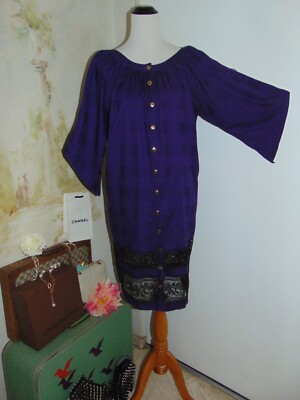 Amber Sakai Purple Kaftan Dress 3/4 Bat Sleeve Black Lace Trim Caftan BoHo M/L