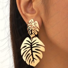 CLIP ON 7cm big GOLD FASHION cutout metal MONSTERA LEAF drop EARRINGS leaves