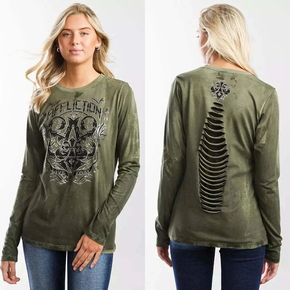 Affliction Women s T Shirt Long Sleeve MANUFACTURE Military Green Cross Biker
