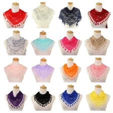 Women Lace Flower Triangular Tassel Scarf Embroidery Long Neck Wrap Shawl Stole