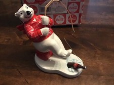 Rare 1995 Enesco Ceramic Coca Cola Polar Bear Ice Fishing Figurine