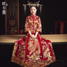 Chinese Traditional Bride Wedding Dress Ball Gown Red Embroidery Xiuhe Dress 6XL
