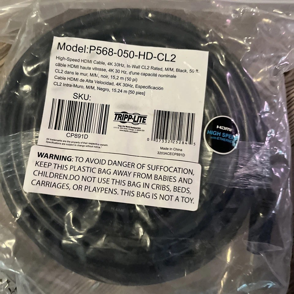 Tripp Lite P568-050-HD-CL2 50ft M/M High-Speed HDMI Cable CL2 Rated Black 4K - Image 2 of 2