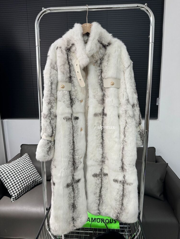 Western Real Rabbit Fur Womens Stand Collar Mid Long Trench