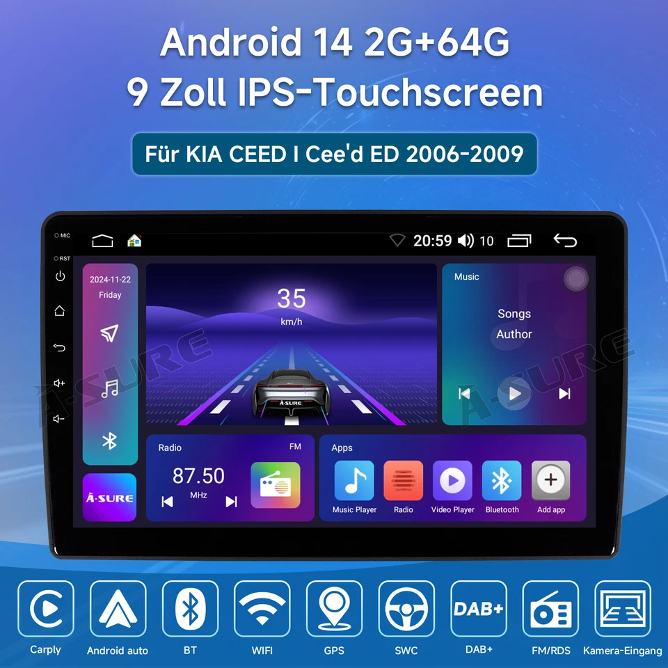 9'' Autoradio 2+64GB Android 14 GPS Navi Wifi CarPlay für Kia Ceed ED 2006-2009 - Bild 2 von 4