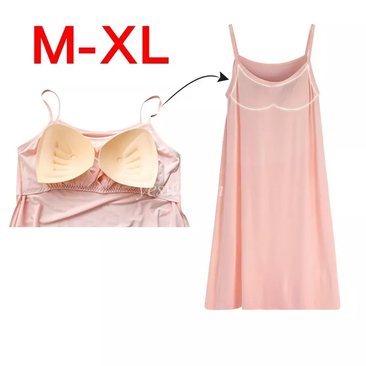 Womens Modal Cami Built in Padded Bra Sleepwear Dress Nightgown