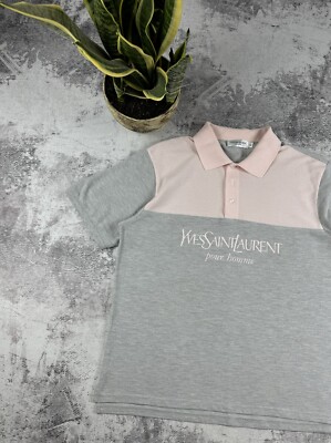 Vintage 90S Yves Saint Laurent YSL Pink Grey Luxury Big Logo Polo