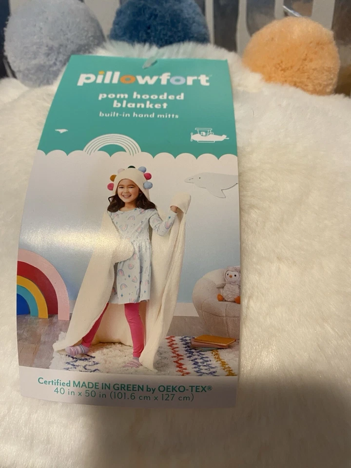 Manta con capucha Pillowfort Pom con guantes de mano incorporados niños 40x50 Oeko-Tex nueva Foto 2 de 4