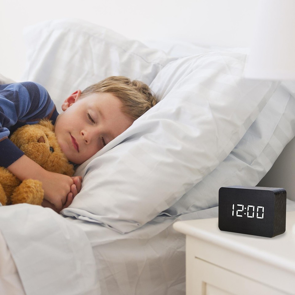 Digital Wooden Alarm Clock Electric Bedroom Desk Clock Sound Control