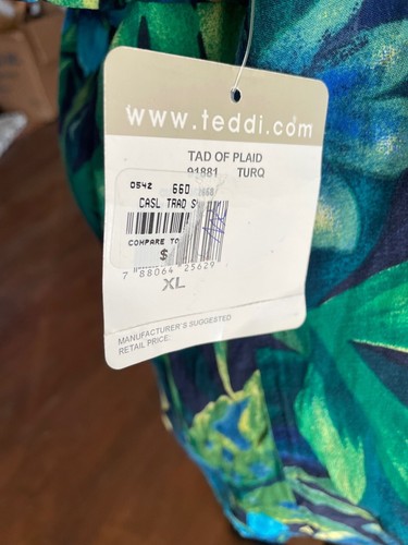 New with Tags Teddi brand Hawaiian shirt Mens XL Turquoise Tropical leaves - Picture 3 of 5