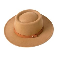 Lady Retro Wide Brim Fedora Floppy Pork Pie Hat with Belt Buckle Medium Camel