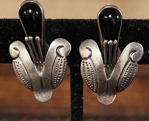 VTG F. PICHARDO TAXCO Black Onyx STERLING SILVER Corn Husk EARRINGS SIGNED - Picture 2 of 11