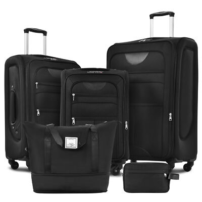 5 Pcs Softside Luggage Suitcase Expandable Travel Bag Set Spinner TSA Lock Black