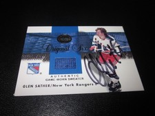 GLEN SATHER SIGNED AUTO 2001 FLEER ORIGINAL SIX GAME WORN SWEATER CARD HOF