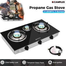 Camplux 3 Burners Propane Gas Stove with Auto Ignition Glass Table Top Outdoor