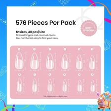 Beetles Medium Almond Nail Tips 576pcs Clear Soft Gel Pre-Etched Full Cover Set