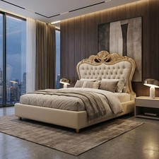 Letto Barocco Matrimoniale con Contenitore in Legno ed Ecopelle – Oro o Argento 