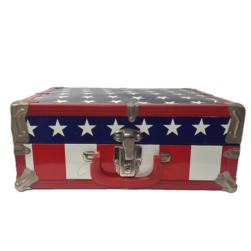 Vintage American Flag Metal Trunk Newspaper Lined Interior Patriotic Chest