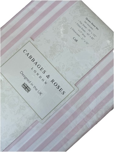 New Cabbages and Roses London Soft Pink White Striped Queen Sheet Set 4 ...