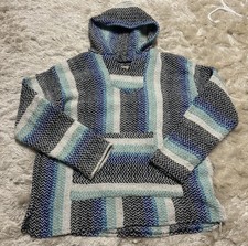 Earth Ragz Hooded Pullover Hoodie M Blue Black White Striped Knit