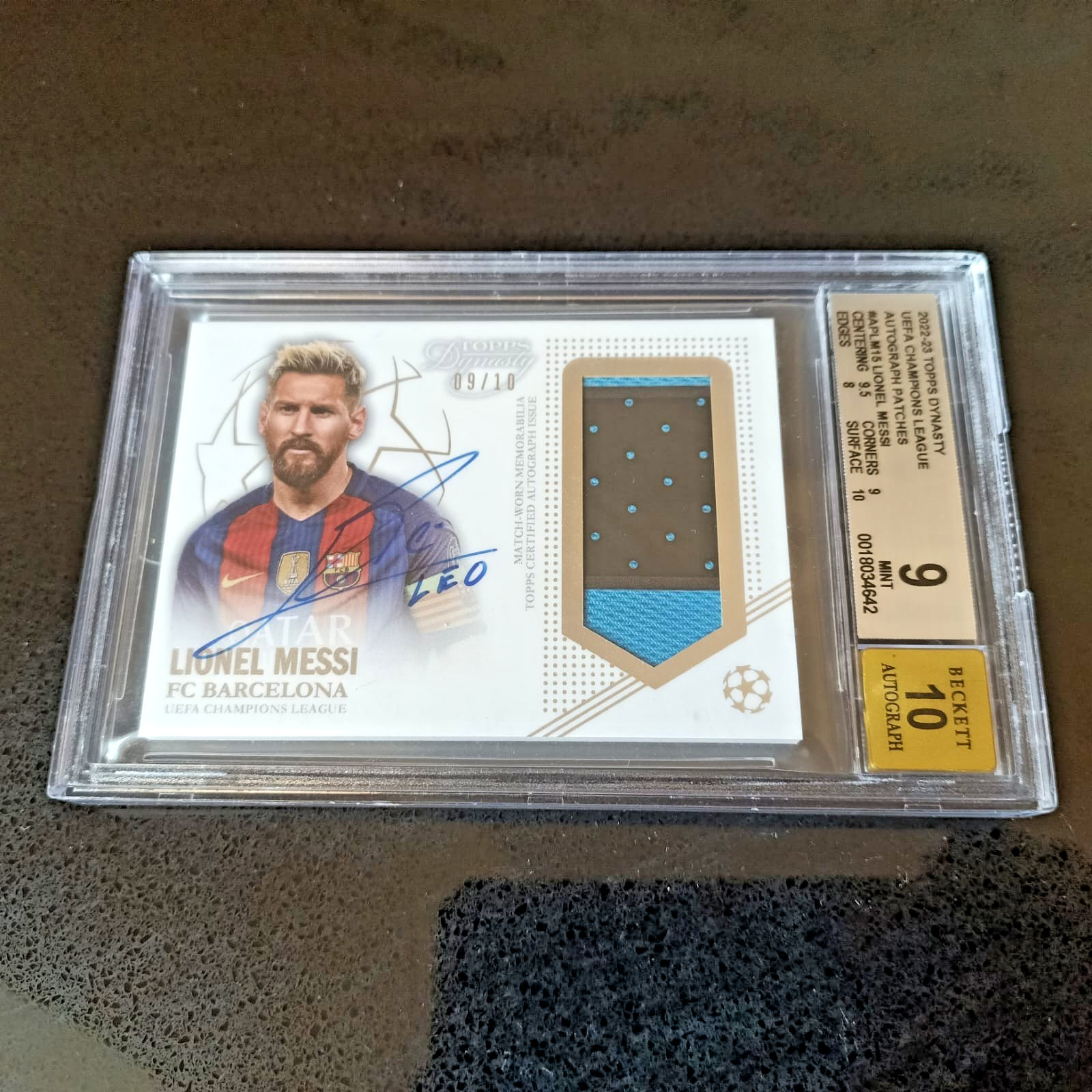 2022 Topps Dynasty UEFA Champions League Lionel Messi PATCH AUTO /10 AP-LM15 PSA