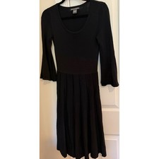 Chelsea & Theodore Black Knit Pleated Skirt Bell Sleeve Dress XS