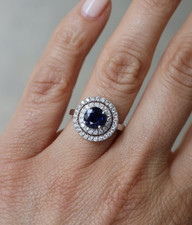 Blue Round Cut Simulated CZ Double Halo 925 Sterling Silver Engagement Gift Ring