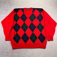 Pringle of Scotland Sweater Mens 44 Red Green Navy Argyle V Neck Cash Wool