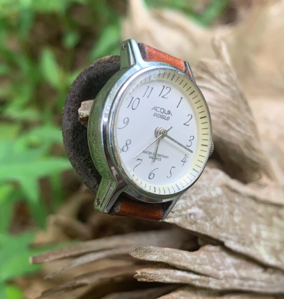 TIMEX Acqua Indiglo OOAK L8 2003 Silver/White/Brown Leather Sz US 7 Watch Ring - Image 4 of 4
