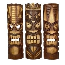 20 Inch Carved Wood Tiki God Masks Tropical Beach Hawaiian Home Decor Set of 3