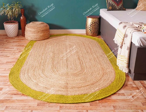 Hand Braided Jute Rug For Living Room For Beige Oval Jute Rug With Yellow Border - Picture 3 of 6