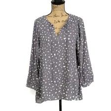 Loft Womens sz M Top Gray Geometric Print Long Sleeve Tassel V Neck Keyhole