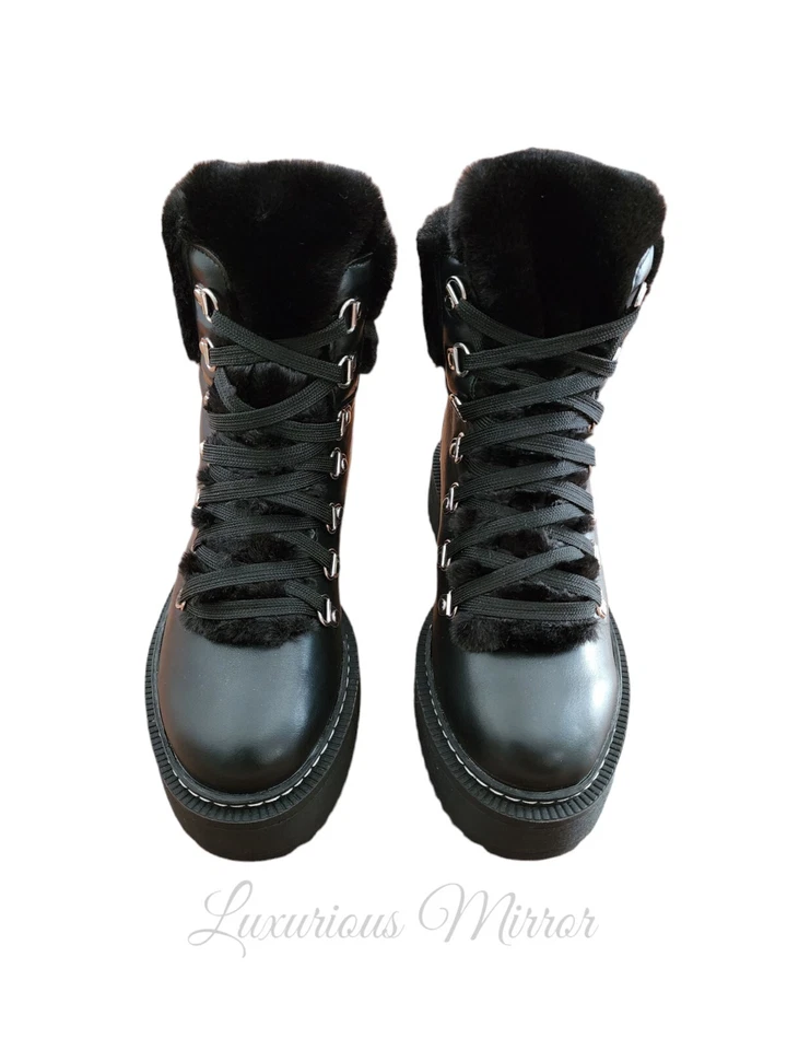 Nicole Miller Kooky Leather Combat Lace Up Boots Faux Fur Womens Mid Calf Sz 6.5 - Image 3 of 4