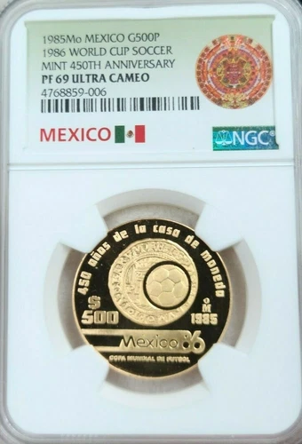 1985 MEXICO GOLD 500 PESOS MINT 450TH ANNIVERSARY NGC PF 69 ULTRA CAMEO TOP POP