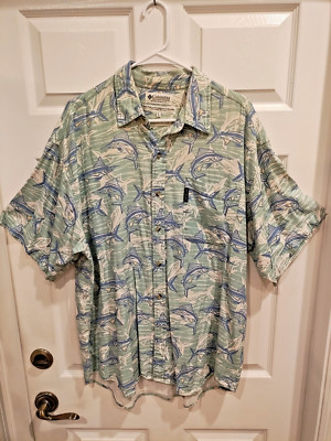 Vintage Columbia Men's Large Billfish Hawaiian Camp Shirt Beach Cocktail Tropics