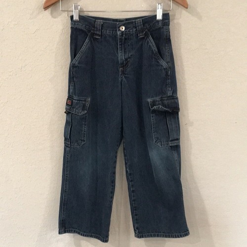 Wrangler Boys Sz 8 Jeans Blue Denim Dark Wash Cargo Pockets Outdoor 100% Cotton