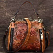 Genuine Leather Floral Embossed Vintage Handbag Women's Tote Shoulder Bags Hot