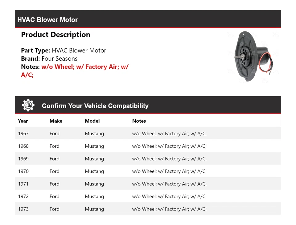 Motor soplador de climatización para Ford Mustang 1967-1973 4 estaciones 1968 1969 1970 1971 1972 Foto 2 de 4