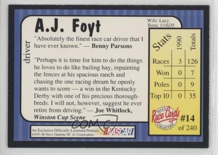1991 Maxx Collection AJ Foyt #14 HOF - Image 2 of 2