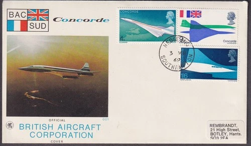 1969 CONCORDE, BRITISH AIRCRAFT CORPORATIN COVER - HEDGE END SOUTHAMPTON CDS