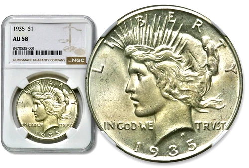 1935 Peace Silver One $1 Dollar - NGC AU 58  C1082