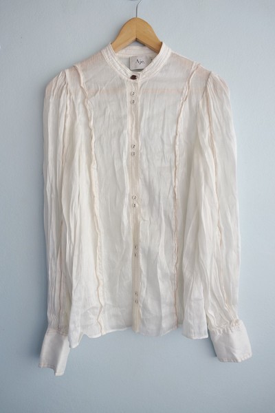 Aje Blouse Womens 8 Ivory Balloon Sleeve Ruffle Sheer Silk Linen Top Button Boho