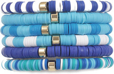 6PCS Polymer Clay Heishi Beads Bracelets, Blue Surfer Bracelets Set, Bohemia Str